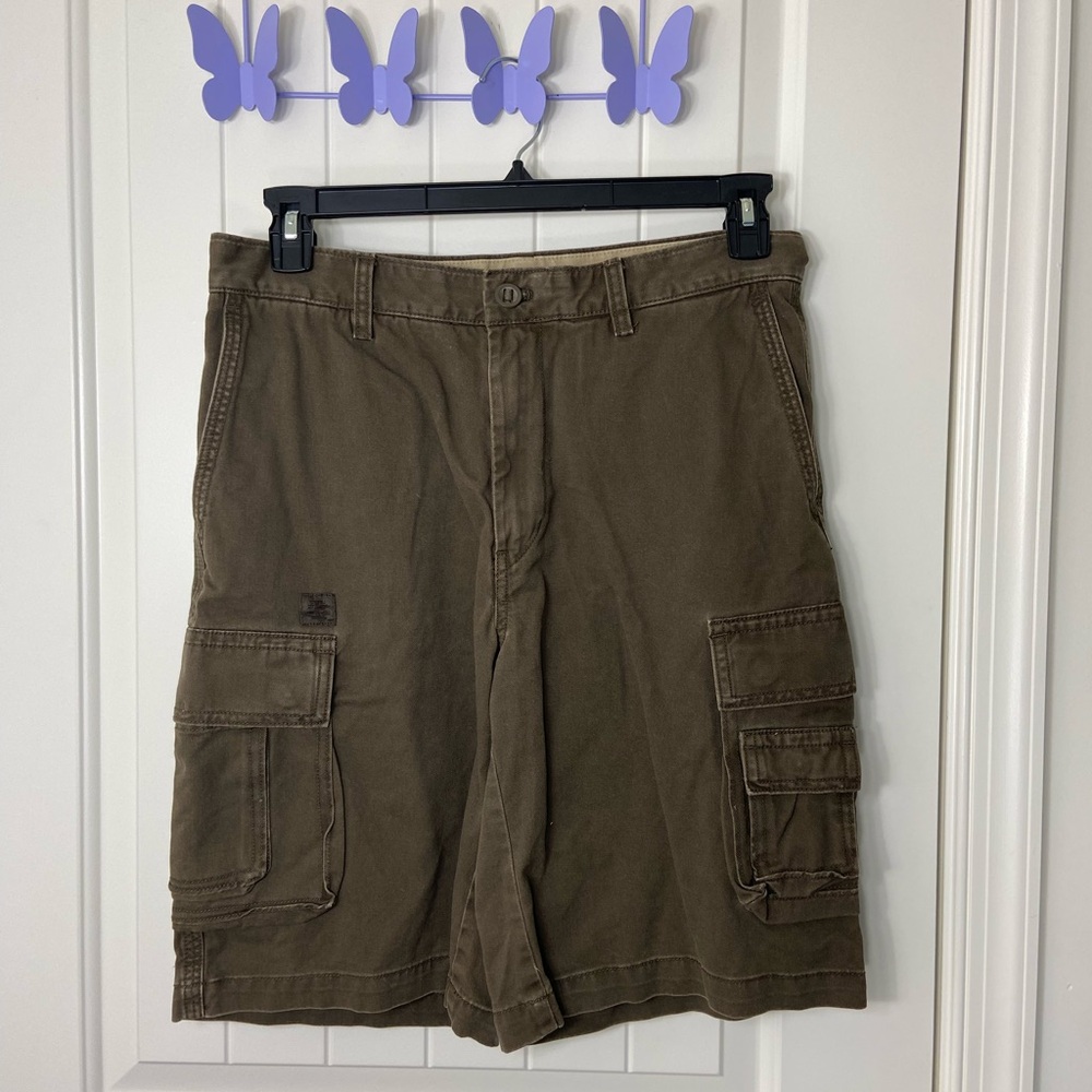 EUC IZOD men’s brown cargo khaki‎ multi pocket summer shorts 100% cotton size 32